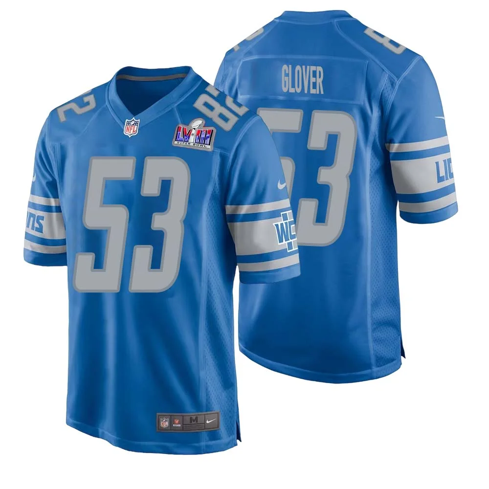 Kevin Glover No 53 Mens Custom Blue Detroit Lions Super Bowl LVIII Player Home Game Jersey