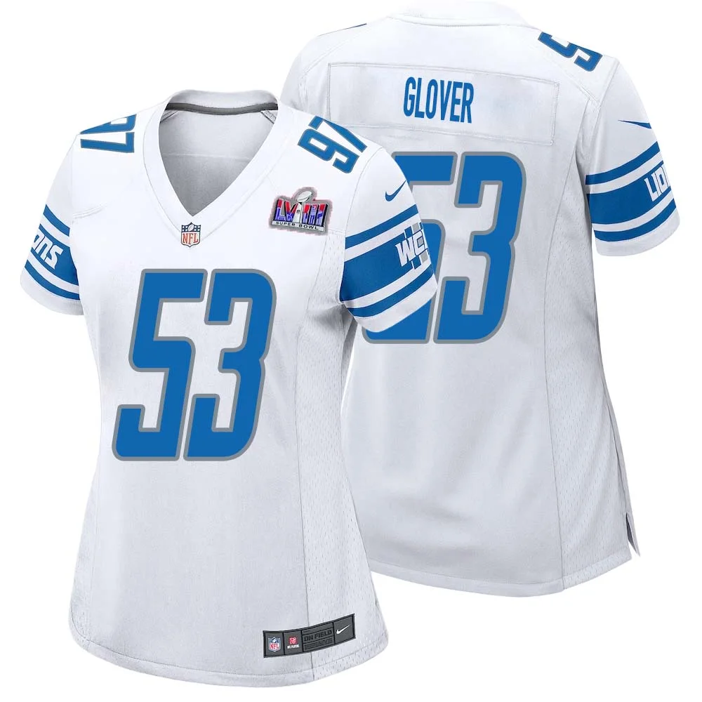 Kevin Glover No 53 Womens Custom White Detroit Lions Super Bowl LVIII Away Game Jersey