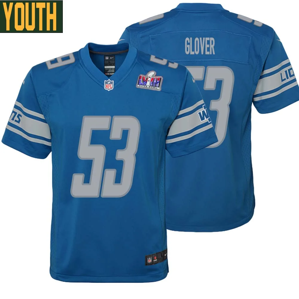 Kevin Glover No 53 Youths Custom Blue Detroit Lions Super Bowl LVIII Player Home Game Jersey