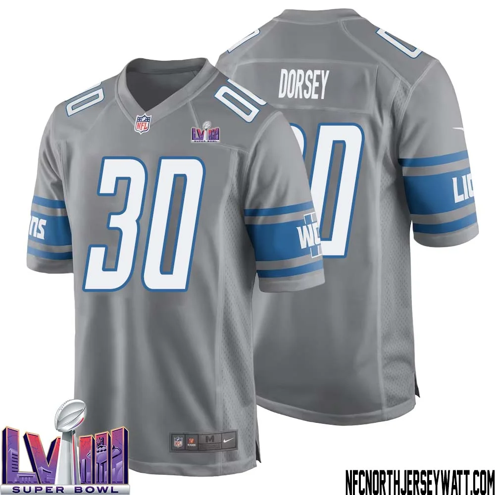 Khalil Dorsey No 30 Men Grey Detroit Lions Player Super Bowl LVIII Alternate Game Jersey