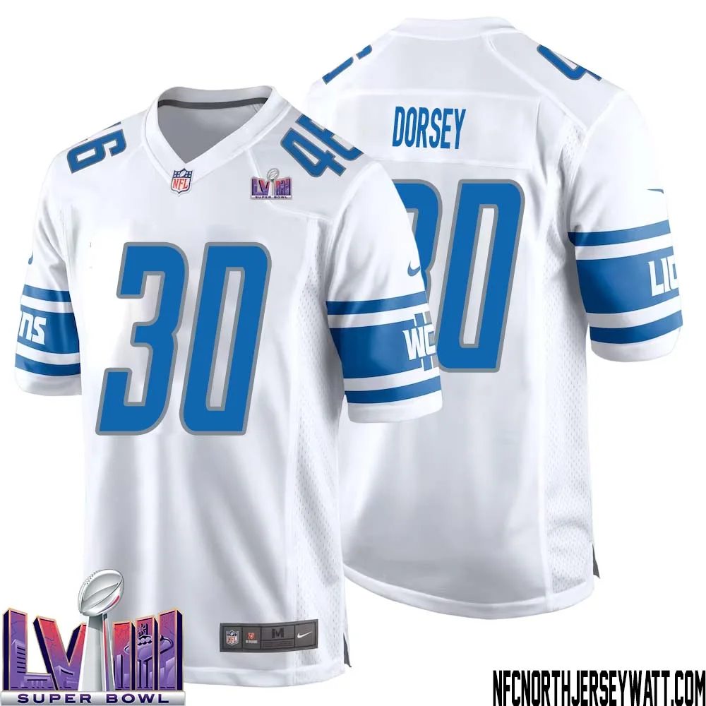 Khalil Dorsey No 30 Men White Detroit Lions Player Super Bowl LVIII Away Game Jersey 1