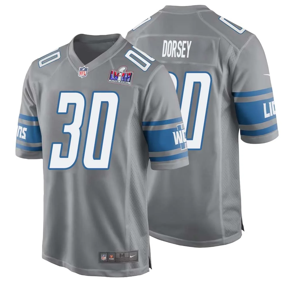 Khalil Dorsey No 30 Mens Custom Gray Detroit Lions Alternate Super Bowl LVIII Game Jersey