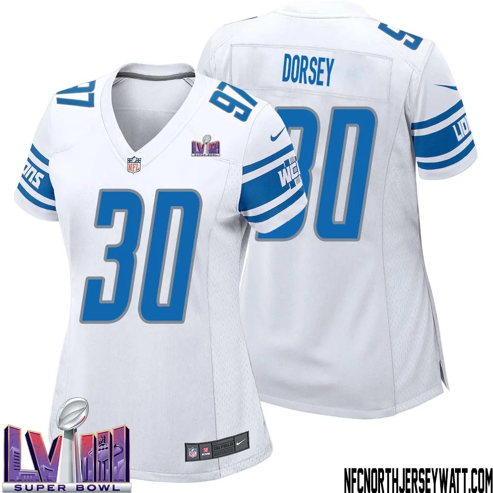 Khalil Dorsey No 30 Women White Detroit Lions Player Super Bowl LVIII Away Game Jersey 1