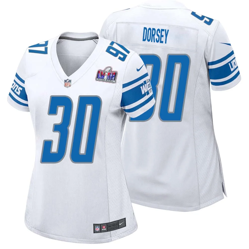 Khalil Dorsey No 30 Womens Custom White Detroit Lions Super Bowl LVIII Away Game Jersey