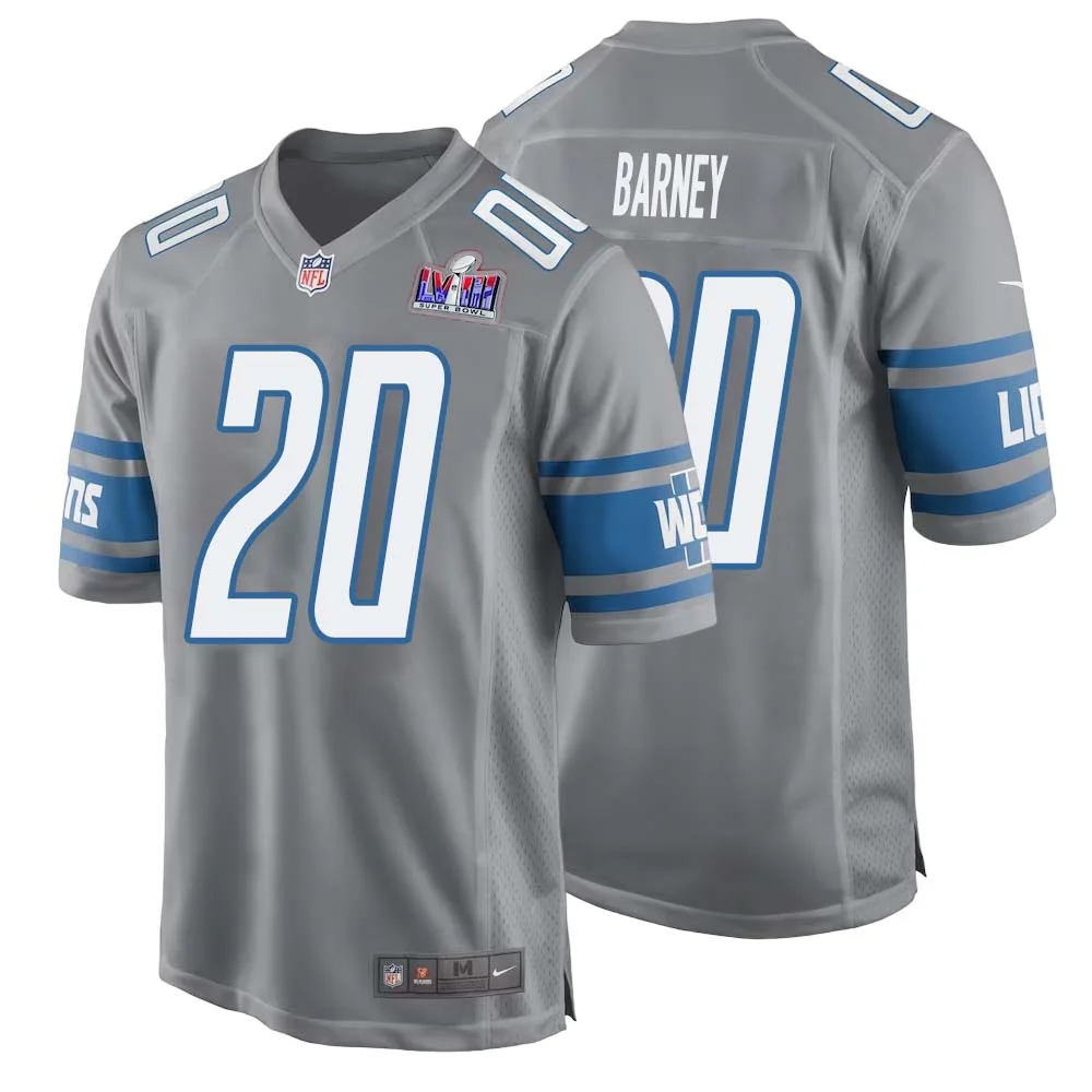 Lem Barney No 20 Mens Custom Gray Detroit Lions Alternate Super Bowl LVIII Game Jersey