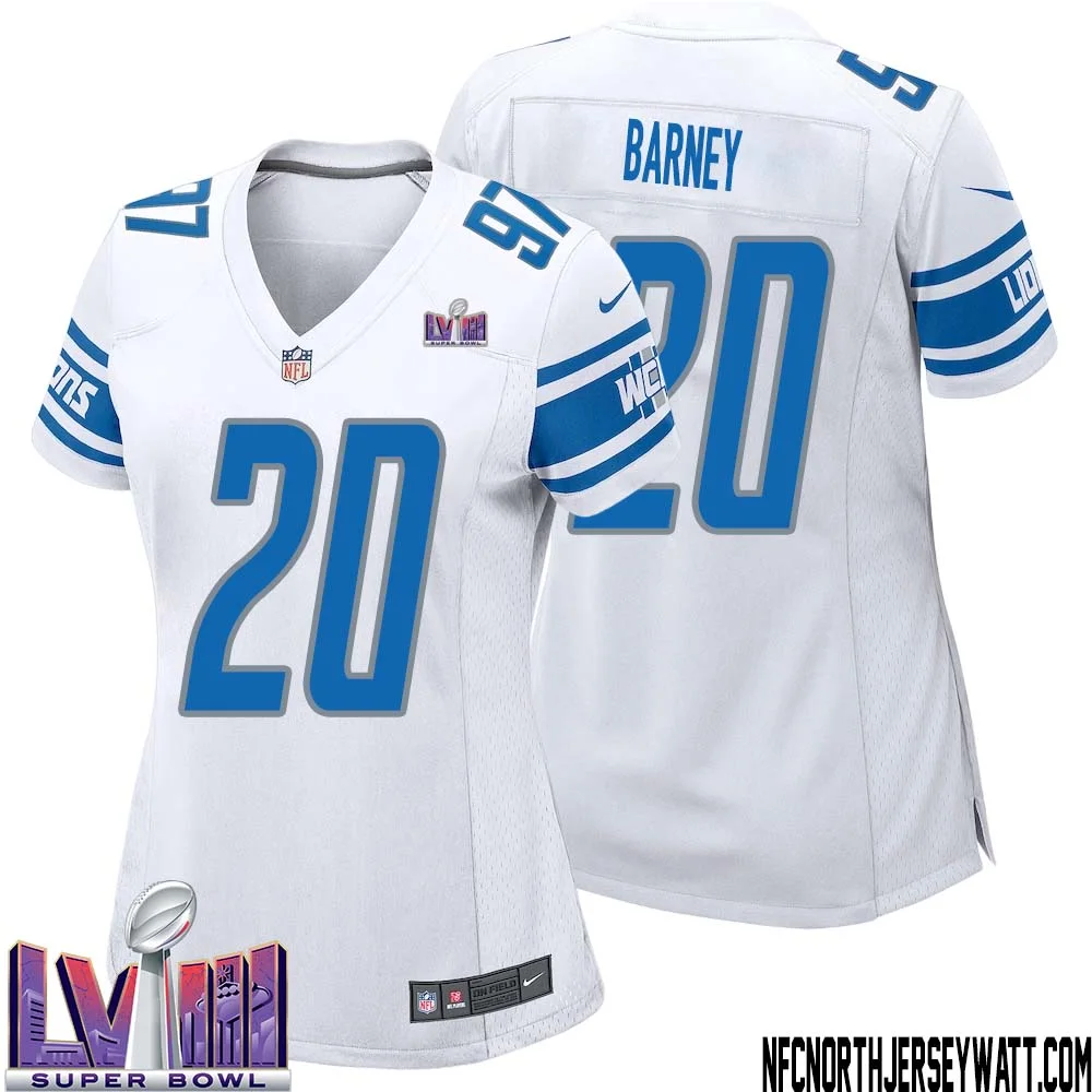 Lem Barney No 20 Women White Detroit Lions Player Super Bowl LVIII Away Game Jersey