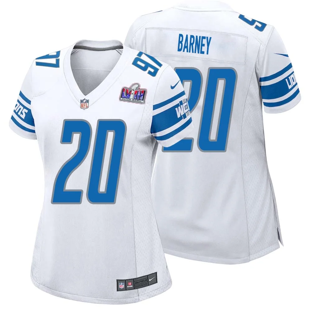 Lem Barney No 20 Womens Custom White Detroit Lions Super Bowl LVIII Away Game Jersey