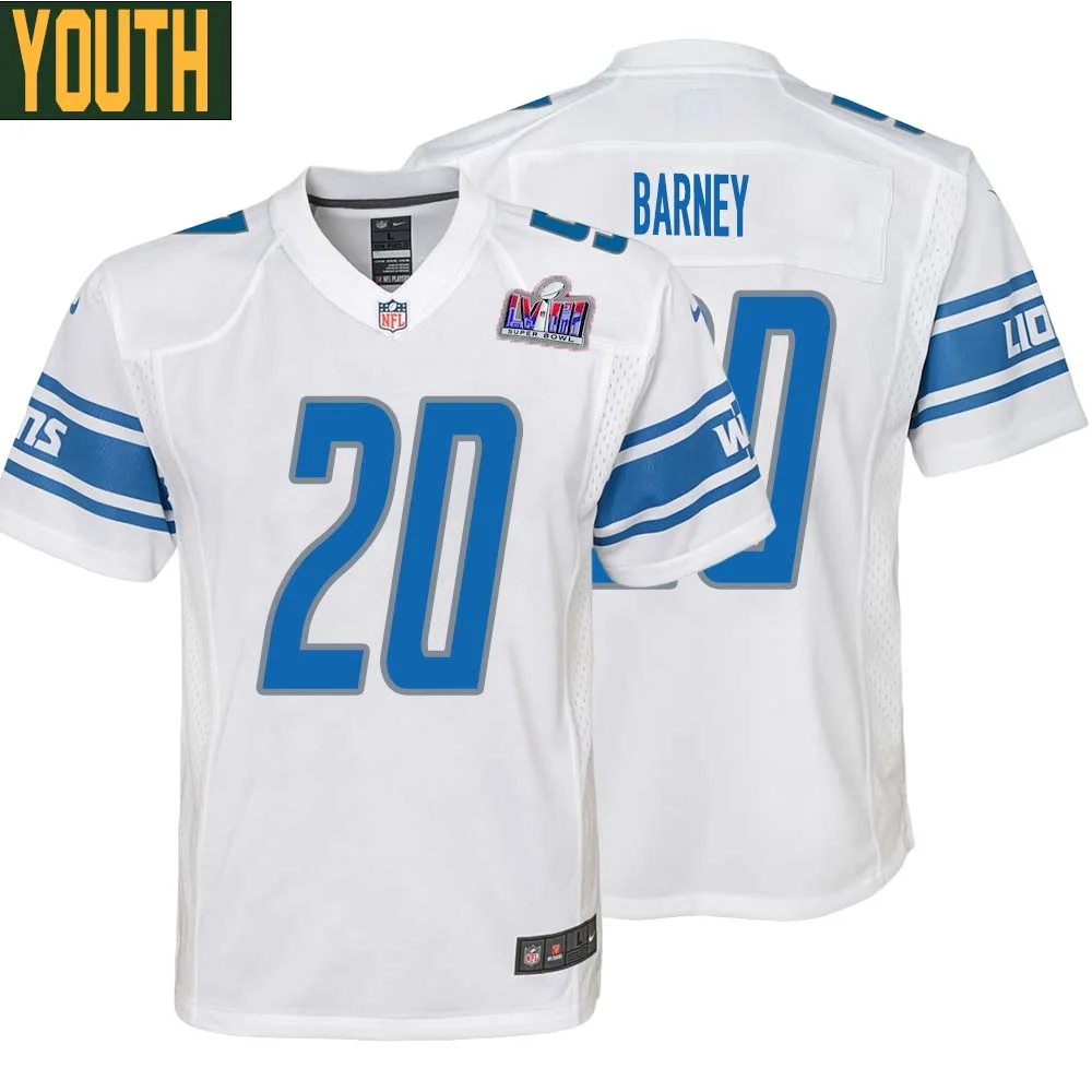 Lem Barney No 20 Youths Custom White Detroit Lions Super Bowl LVIII Away Game Jersey