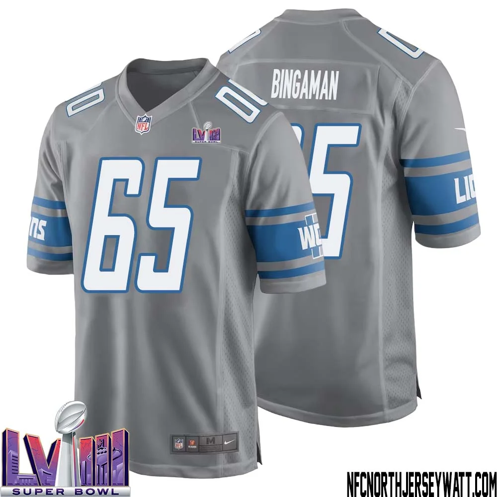 Les Bingaman No 65 Men Grey Detroit Lions Player Super Bowl LVIII Alternate Game Jersey 1