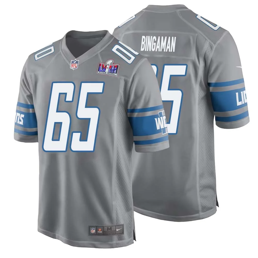 Les Bingaman No 65 Mens Custom Gray Detroit Lions Alternate Super Bowl LVIII Game Jersey