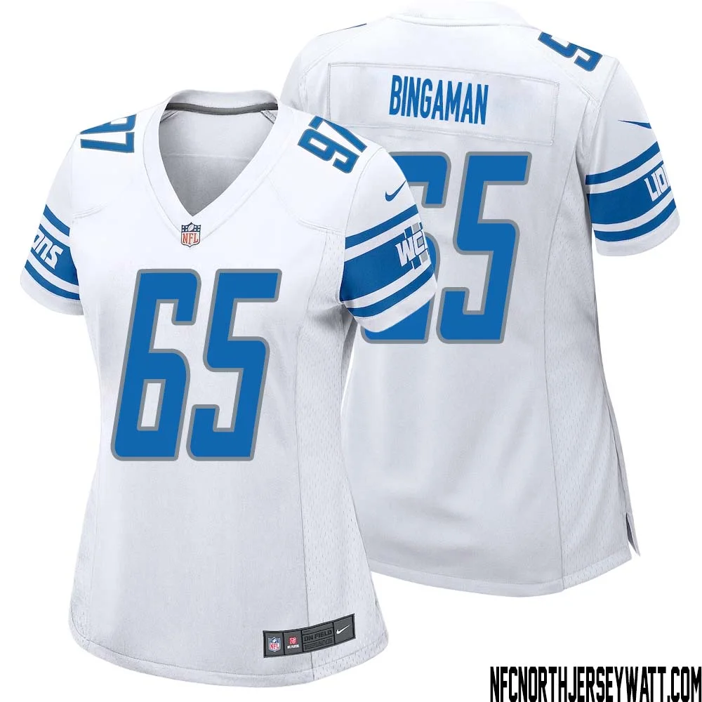 Les Bingaman No 65 Women White Detroit Lions Player Away Game Jersey