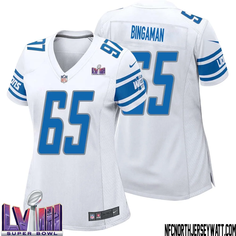 Les Bingaman No 65 Women White Detroit Lions Player Super Bowl LVIII Away Game Jersey 1