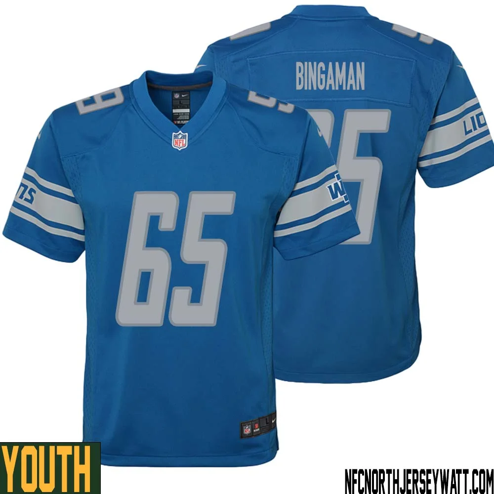 Les Bingaman No 65 Youth Blue Detroit Lions Player Home Game Jersey