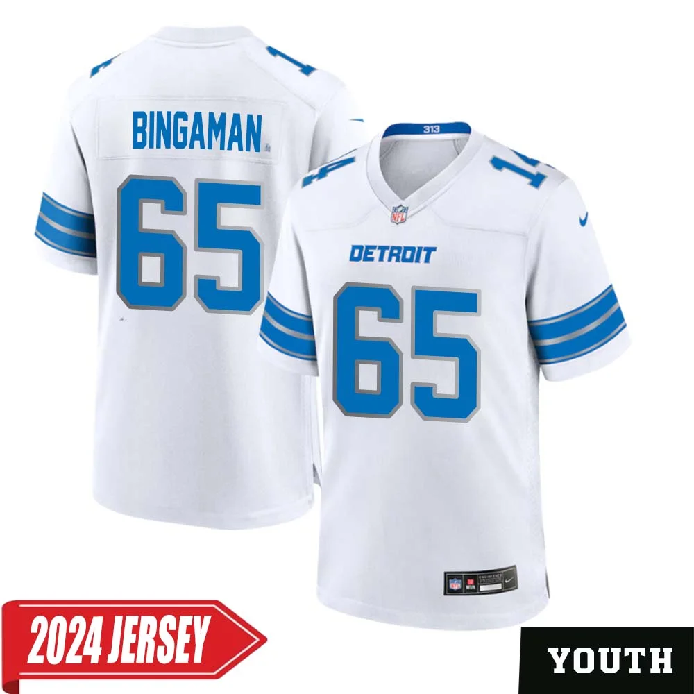 Les Bingaman No 65 Youth s Detroit Lions Away Game 2024 Jersey White