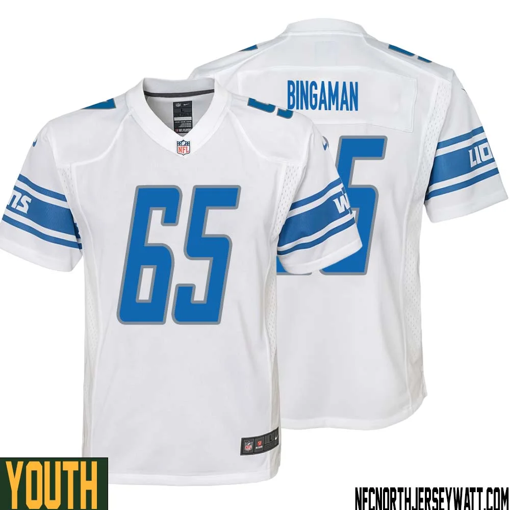 Les Bingaman No 65 Youth White Detroit Lions Player Away Game Jersey 1