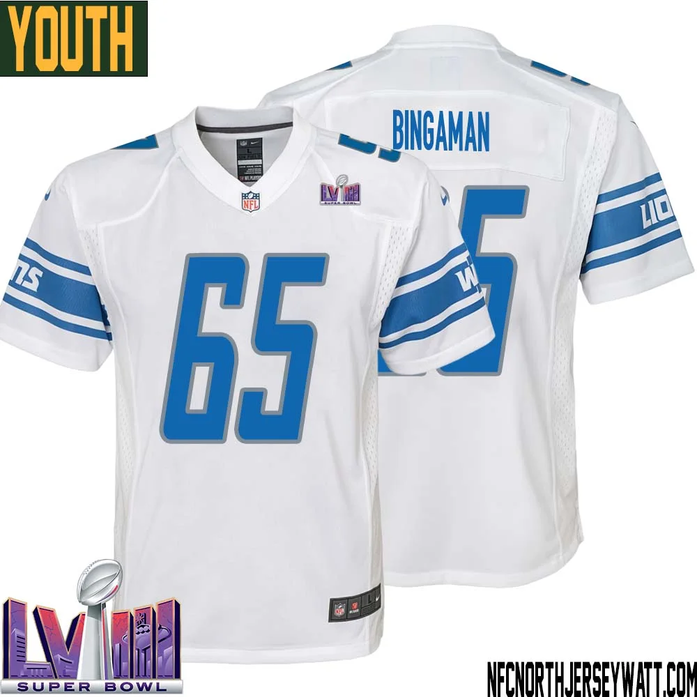 Les Bingaman No 65 Youth White Detroit Lions Player Super Bowl LVIII Away Game Jersey