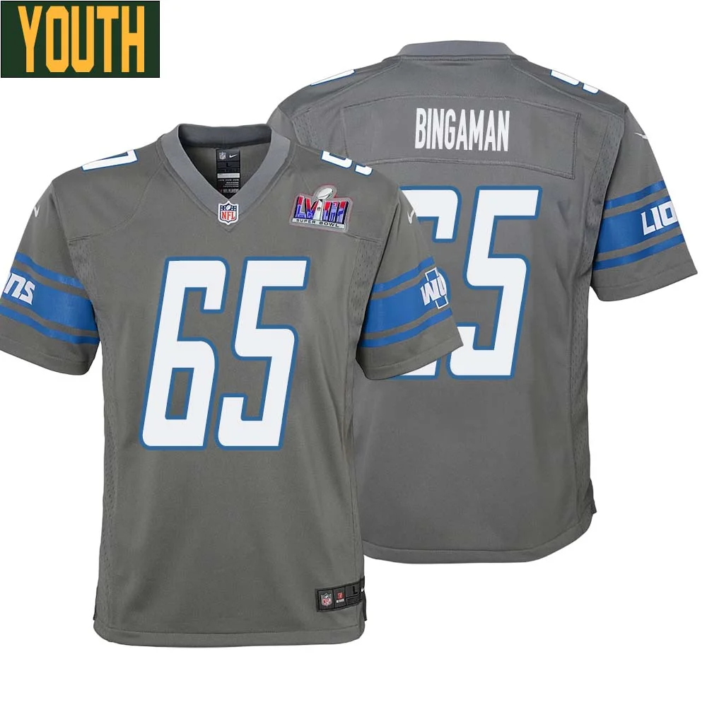 Les Bingaman No 65 Youths Custom Gray Detroit Lions Alternate Super Bowl LVIII Game Jersey