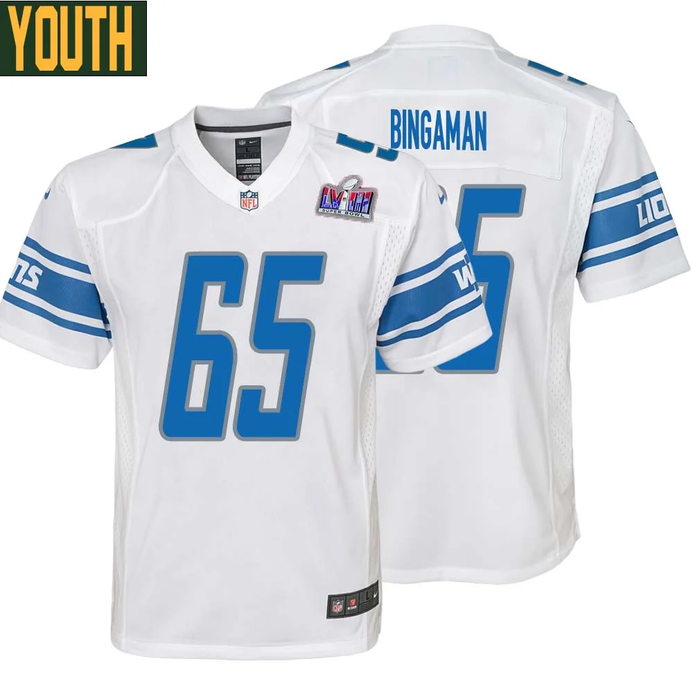 Les Bingaman No 65 Youths Custom White Detroit Lions Super Bowl LVIII Away Game Jersey
