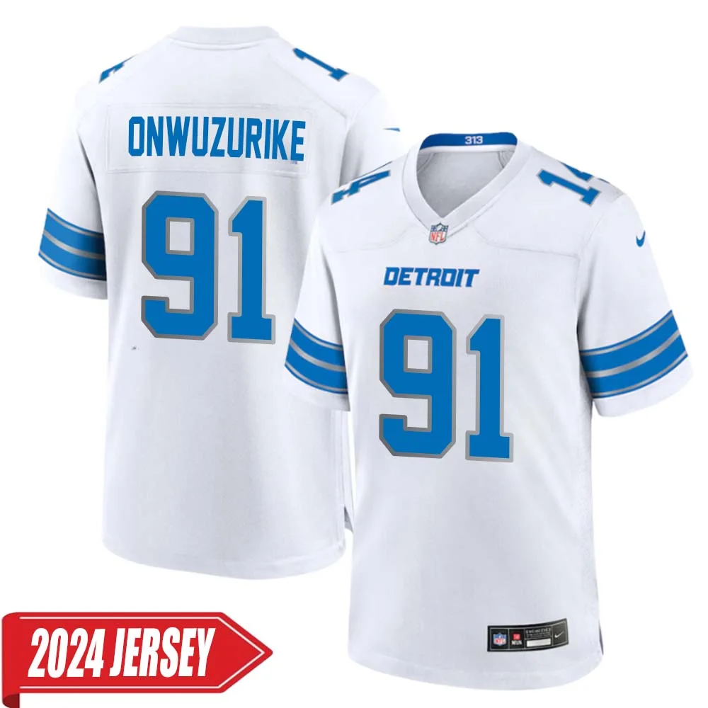 Levi Onwuzurike No 91 Men s Detroit Lions Away Game 2024 Jersey White