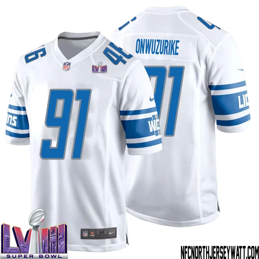 Levi Onwuzurike No 91 Men White Detroit Lions Player Super Bowl LVIII Away Game Jersey 1