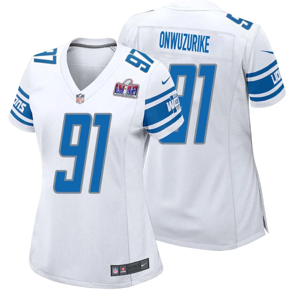 Levi Onwuzurike No 91 Womens Custom White Detroit Lions Super Bowl LVIII Away Game Jersey