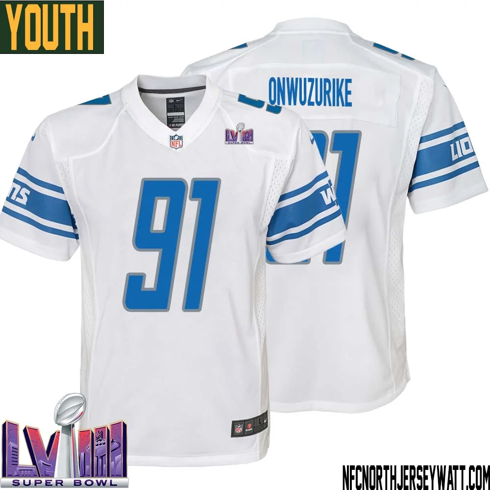 Levi Onwuzurike No 91 Youth White Detroit Lions Player Super Bowl LVIII Away Game Jersey 1