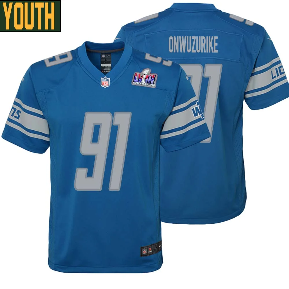 Levi Onwuzurike No 91 Youths Custom Blue Detroit Lions Super Bowl LVIII Player Home Game Jersey
