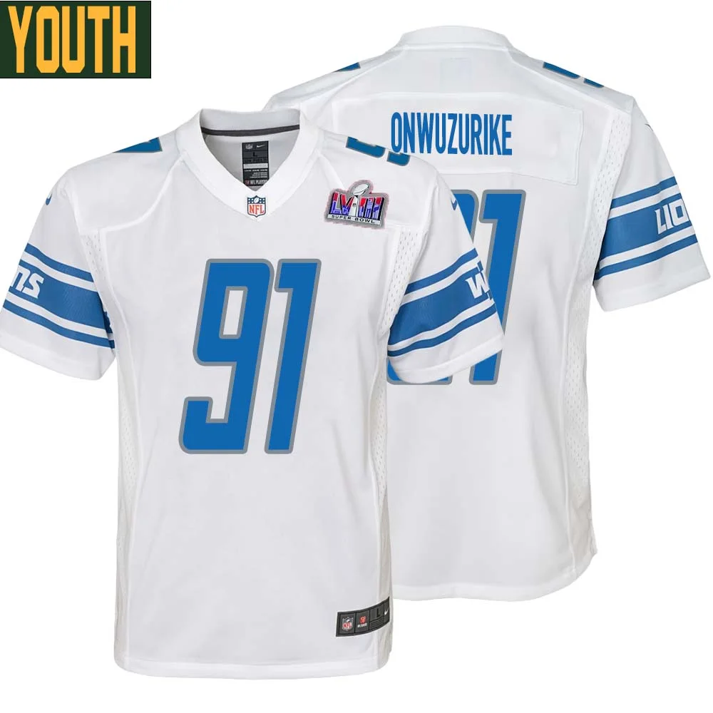 Levi Onwuzurike No 91 Youths Custom White Detroit Lions Super Bowl LVIII Away Game Jersey