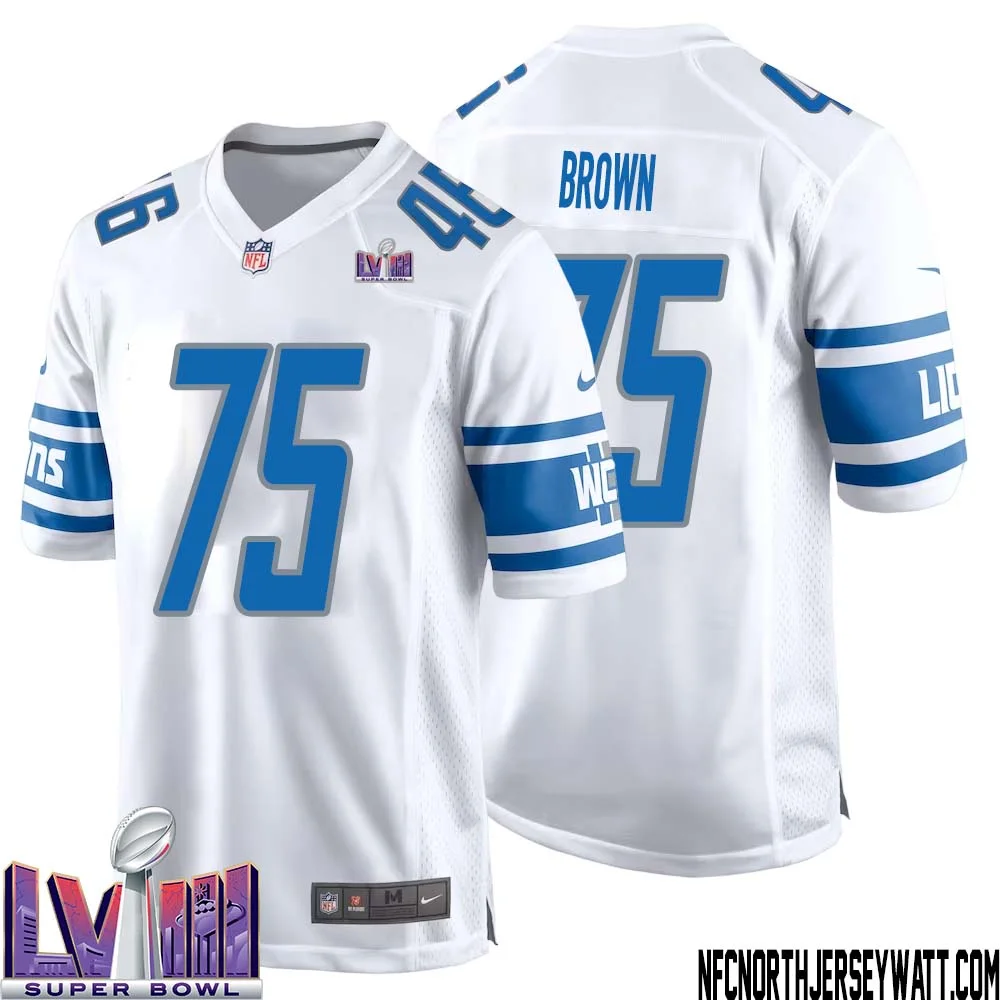 Lomas Brown No 75 Men White Detroit Lions Player Super Bowl LVIII Away Game Jersey 1