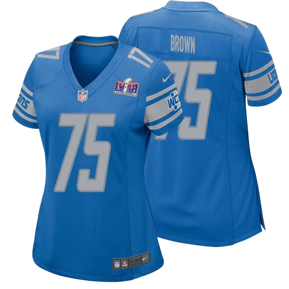 Lomas Brown No 75 Womens Custom Blue Detroit Lions Super Bowl LVIII Player Home Game Jersey