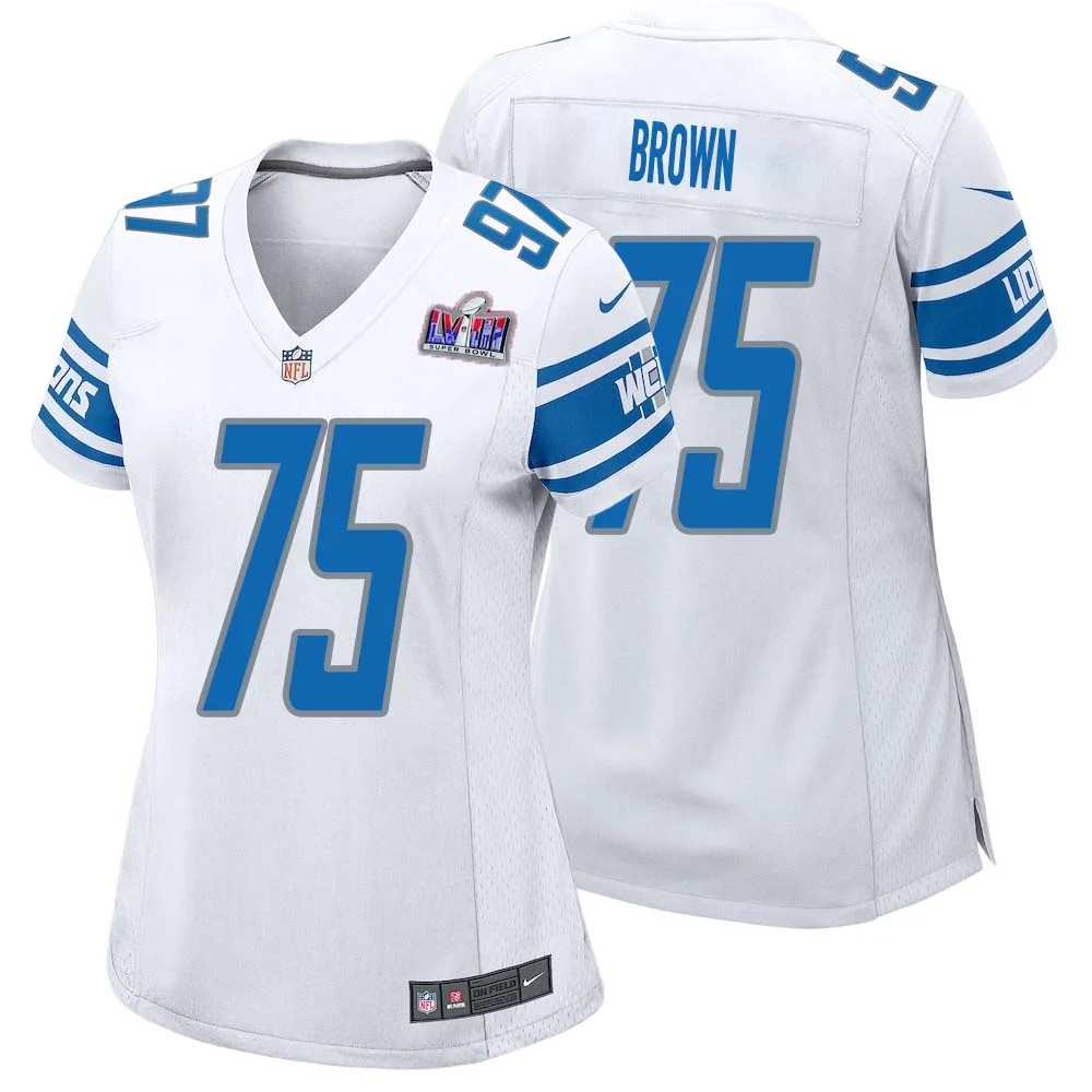 Lomas Brown No 75 Womens Custom White Detroit Lions Super Bowl LVIII Away Game Jersey