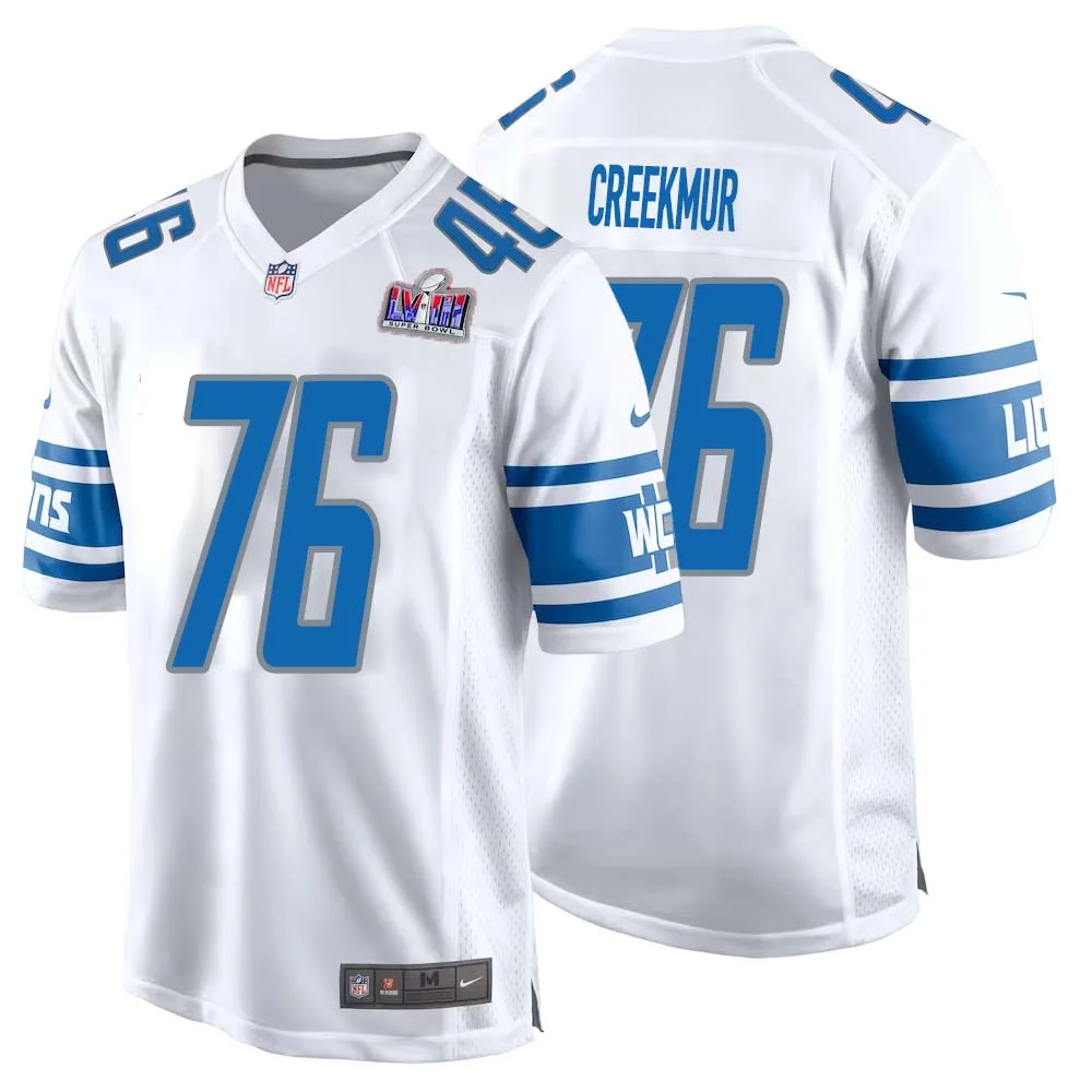 Lou Creekmur No 76 Mens Custom White Detroit Lions Super Bowl LVIII Away Game Jersey