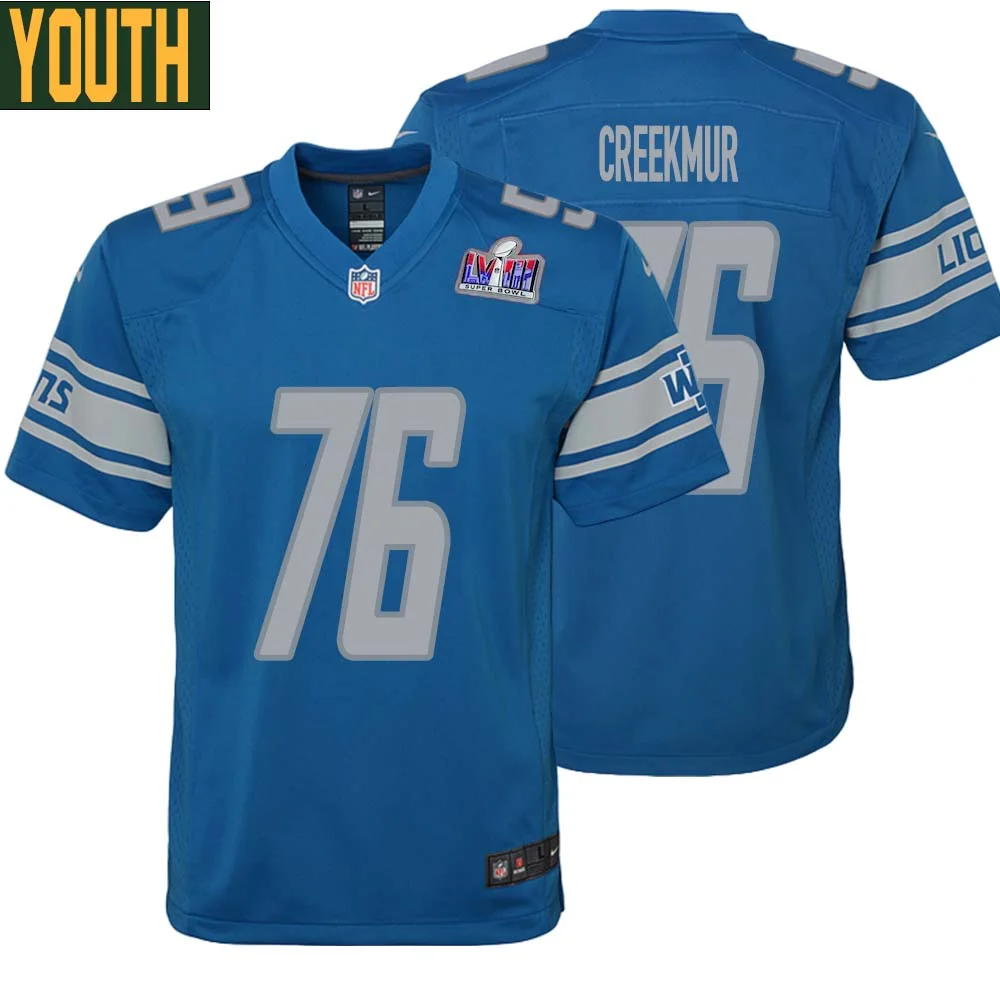 Lou Creekmur No 76 Youths Custom Blue Detroit Lions Super Bowl LVIII Player Home Game Jersey