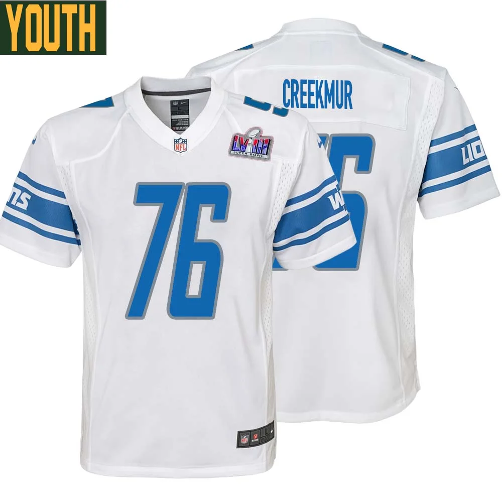 Lou Creekmur No 76 Youths Custom White Detroit Lions Super Bowl LVIII Away Game Jersey