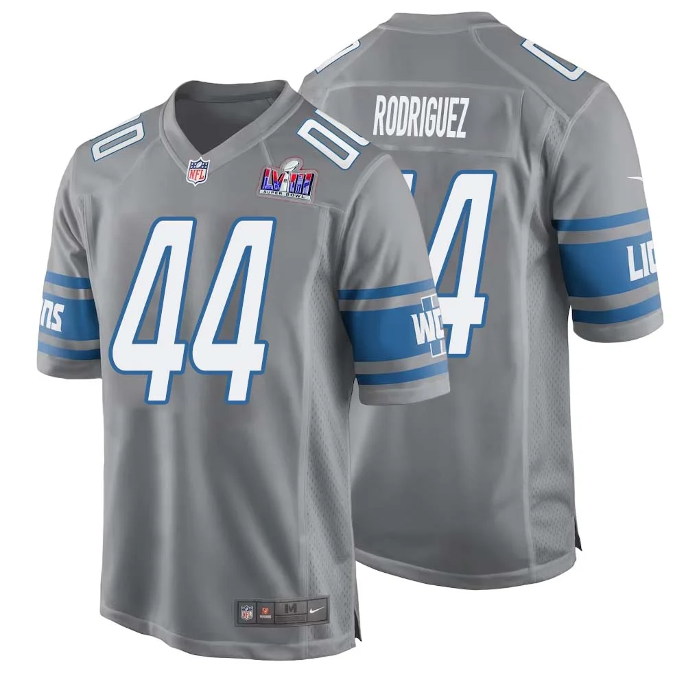 Malcolm Rodriguez No 44 Mens Custom Gray Detroit Lions Alternate Super Bowl LVIII Game Jersey