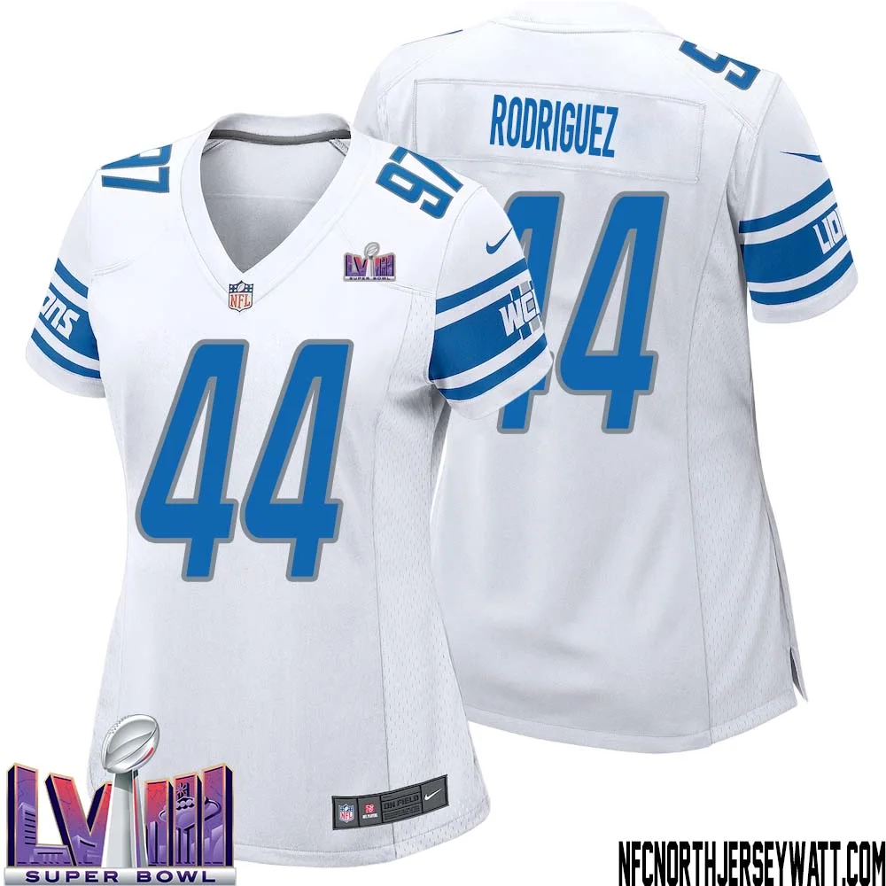 Malcolm Rodriguez No 44 Women White Detroit Lions Player Super Bowl LVIII Away Game Jersey