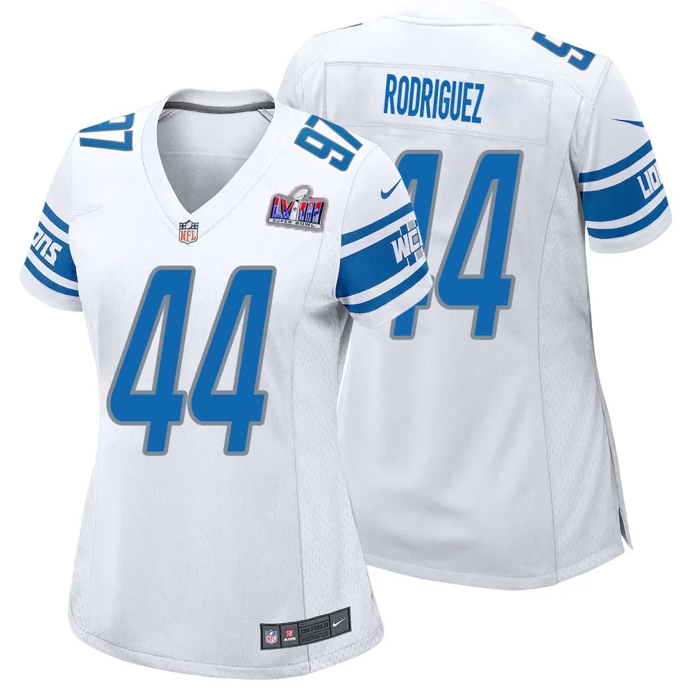Malcolm Rodriguez No 44 Womens Custom White Detroit Lions Super Bowl LVIII Away Game Jersey