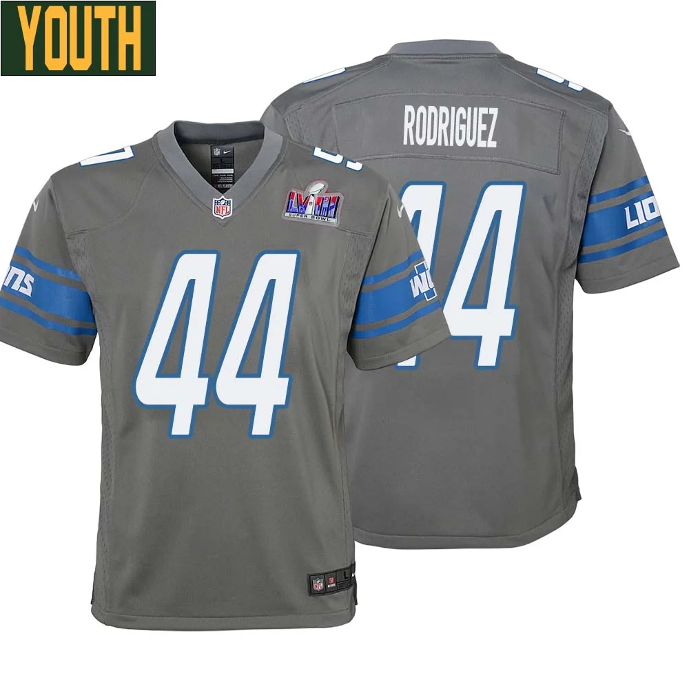Malcolm Rodriguez No 44 Youths Custom Gray Detroit Lions Alternate Super Bowl LVIII Game Jersey