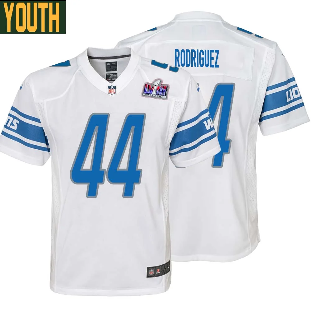 Malcolm Rodriguez No 44 Youths Custom White Detroit Lions Super Bowl LVIII Away Game Jersey