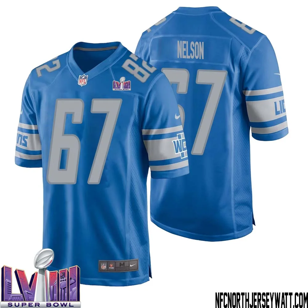 Matt Nelson No 67 Men Blue Detroit Lions Player Super Bowl LVIII Home Game Jersey 1