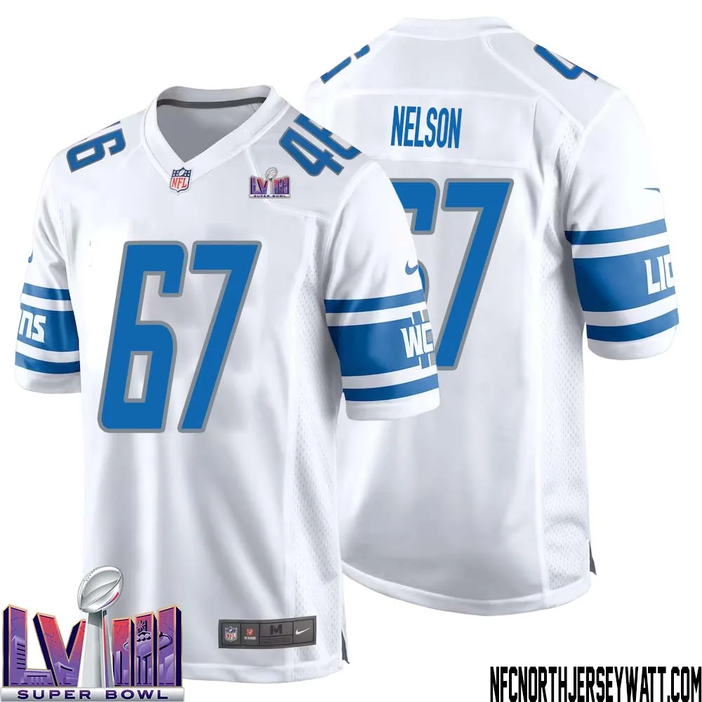Matt Nelson No 67 Men White Detroit Lions Player Super Bowl LVIII Away Game Jersey