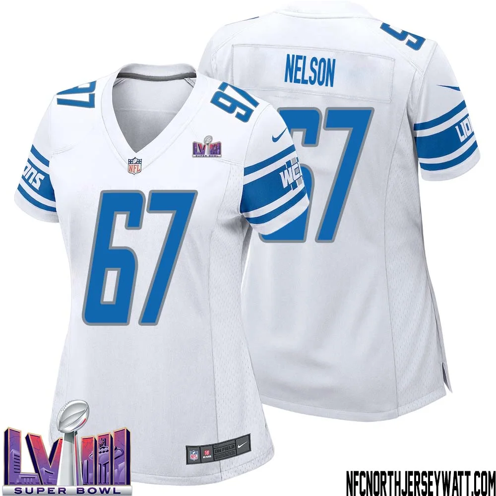 Matt Nelson No 67 Women White Detroit Lions Player Super Bowl LVIII Away Game Jersey