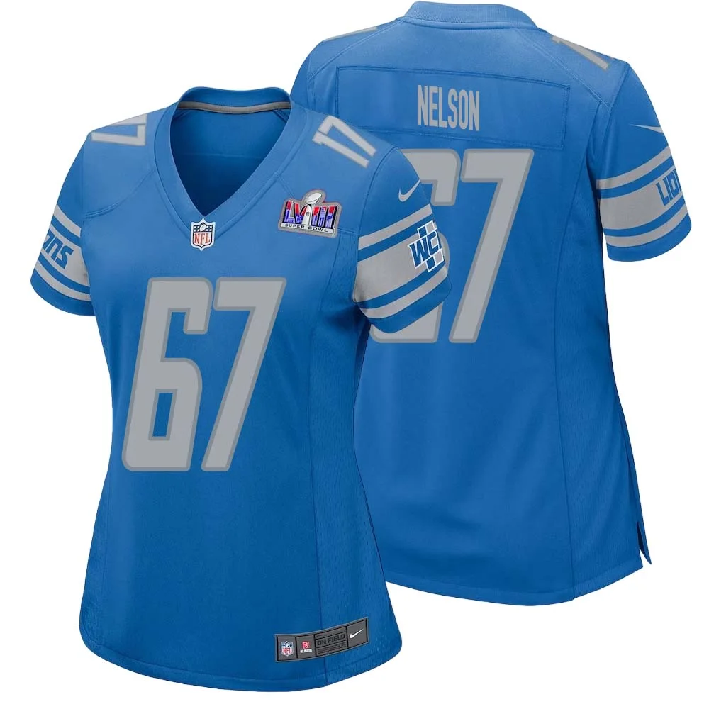 Matt Nelson No 67 Womens Custom Blue Detroit Lions Super Bowl LVIII Player Home Game Jersey
