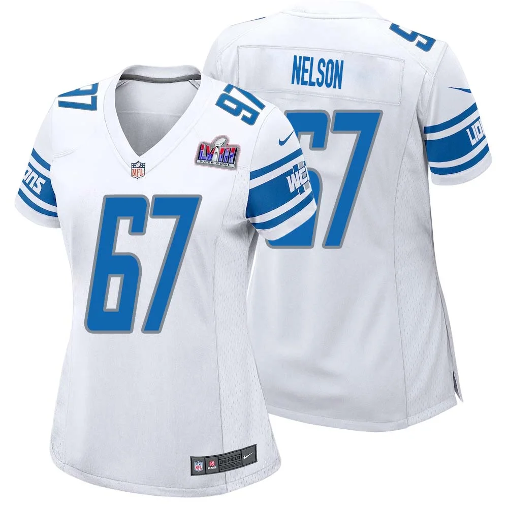 Matt Nelson No 67 Womens Custom White Detroit Lions Super Bowl LVIII Away Game Jersey