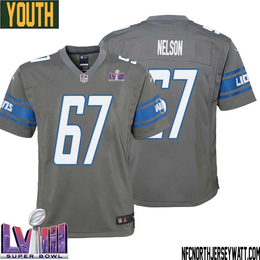 Matt Nelson No 67 Youth Grey Detroit Lions Player Super Bowl LVIII Alternate Game Jersey 1