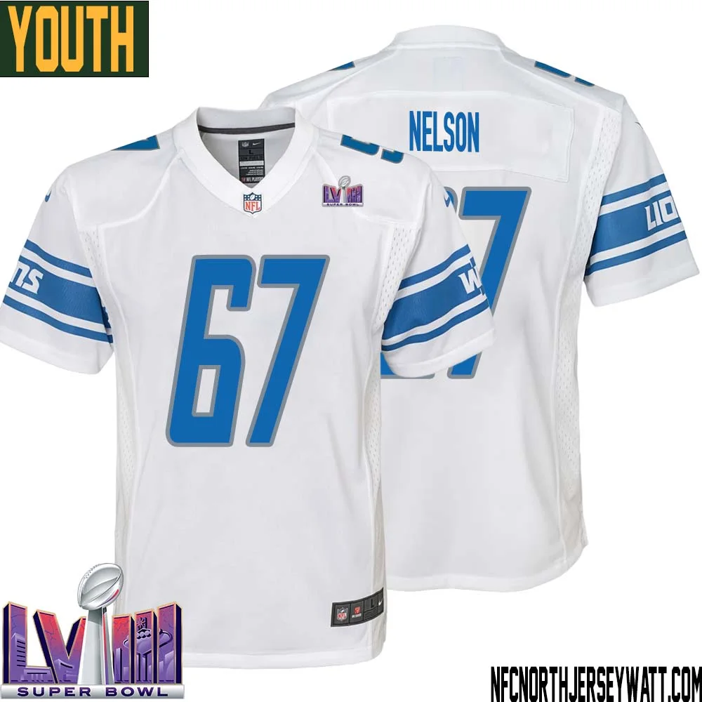 Matt Nelson No 67 Youth White Detroit Lions Player Super Bowl LVIII Away Game Jersey