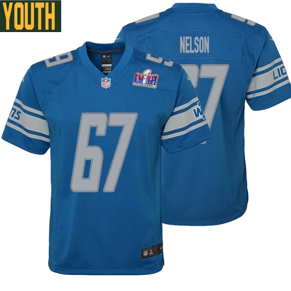 Matt Nelson No 67 Youths Custom Blue Detroit Lions Super Bowl LVIII Player Home Game Jersey