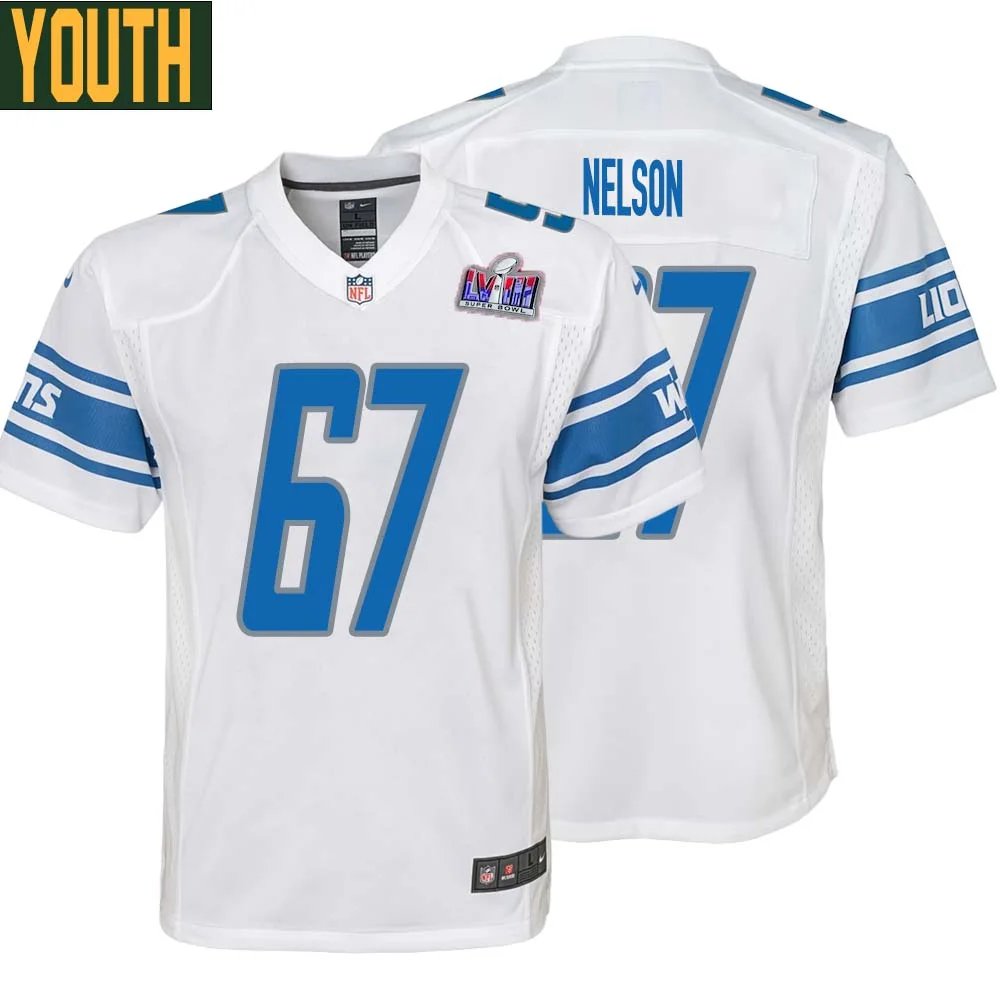 Matt Nelson No 67 Youths Custom White Detroit Lions Super Bowl LVIII Away Game Jersey
