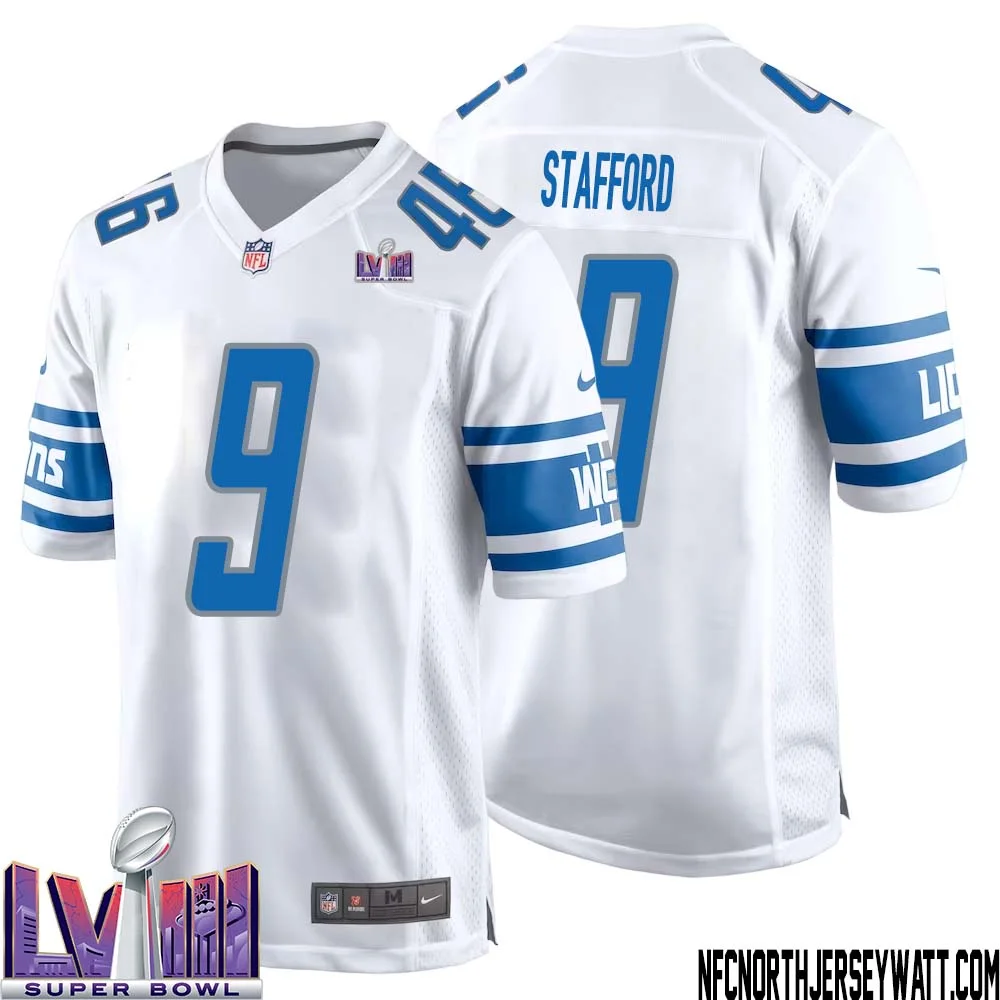 Matthew Stafford No 9 Men White Detroit Lions Player Super Bowl LVIII Away Game Jersey 1