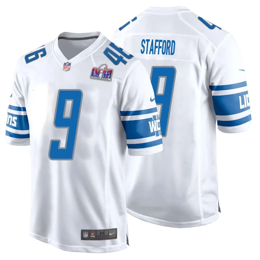 Matthew Stafford No 9 Mens Custom White Detroit Lions Super Bowl LVIII Away Game Jersey